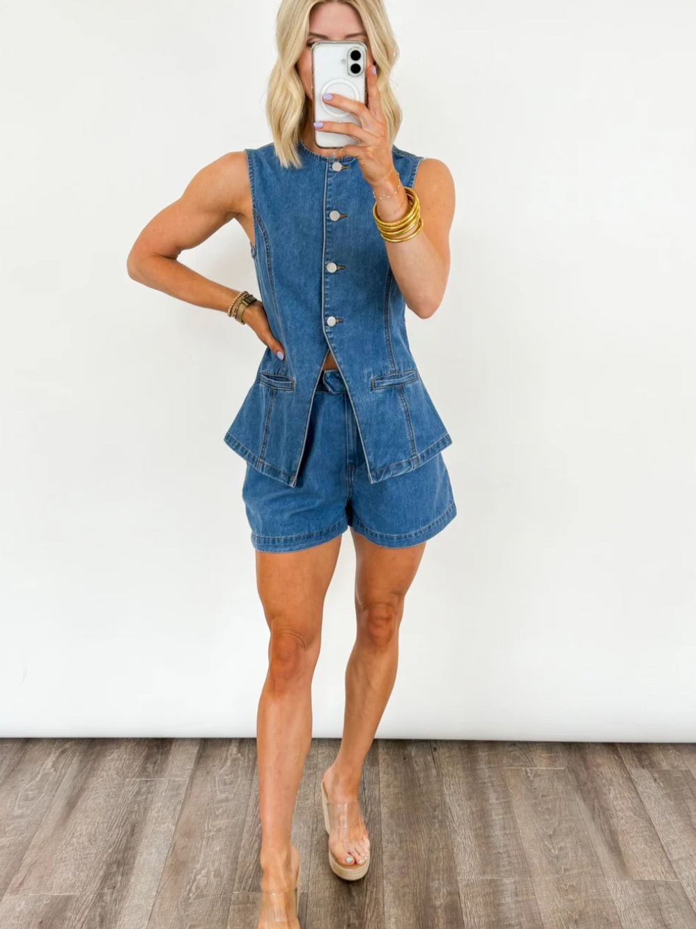 NWOT - Small Sleeveless Denim Button-Front Vest & Shorts Set in Classic Blue